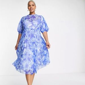 ASOS DESIGN Curve high neck pleated midi dress puff sleeve in blue floral NWT